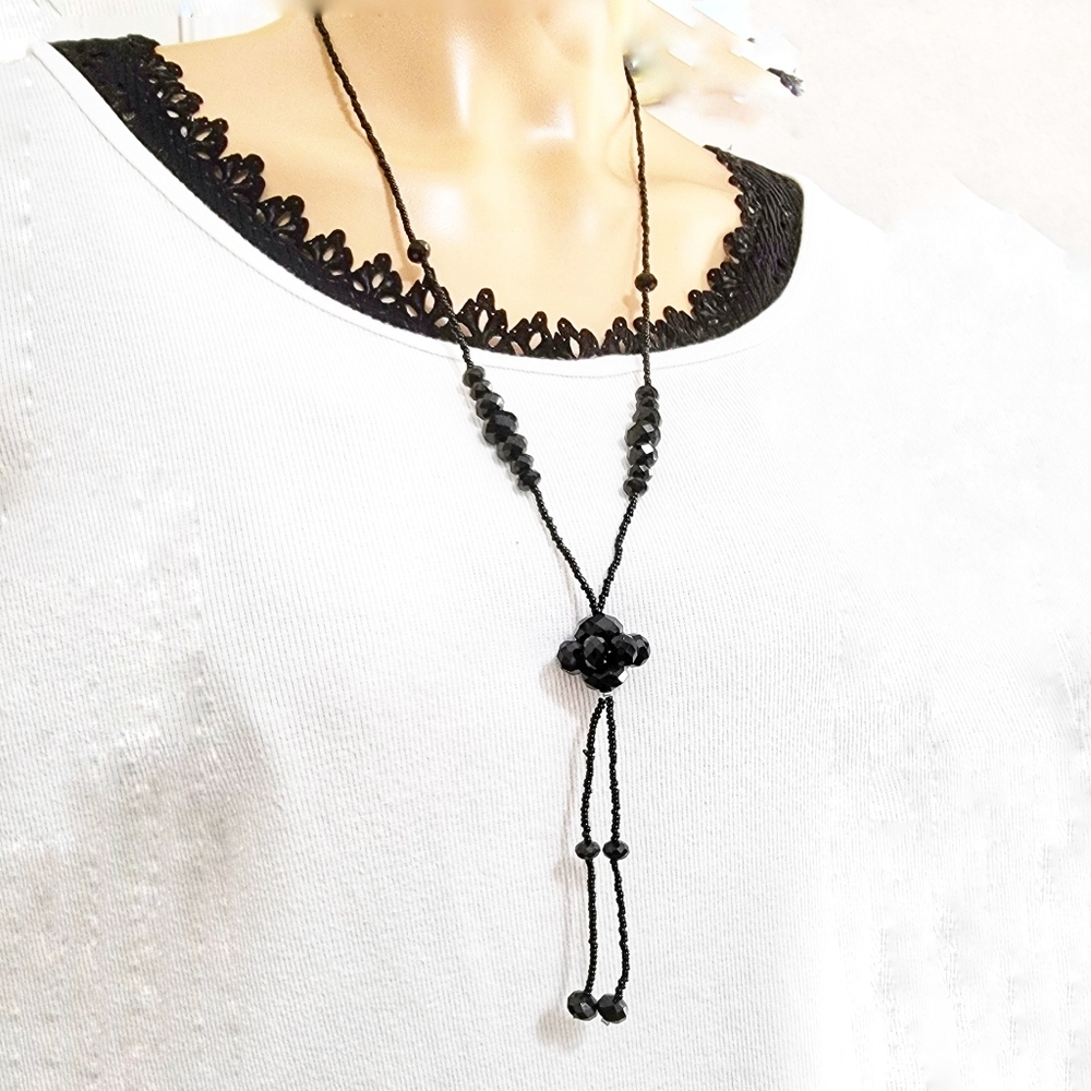 247N347 Black Assorted  Sizes All Beaded Necklace.